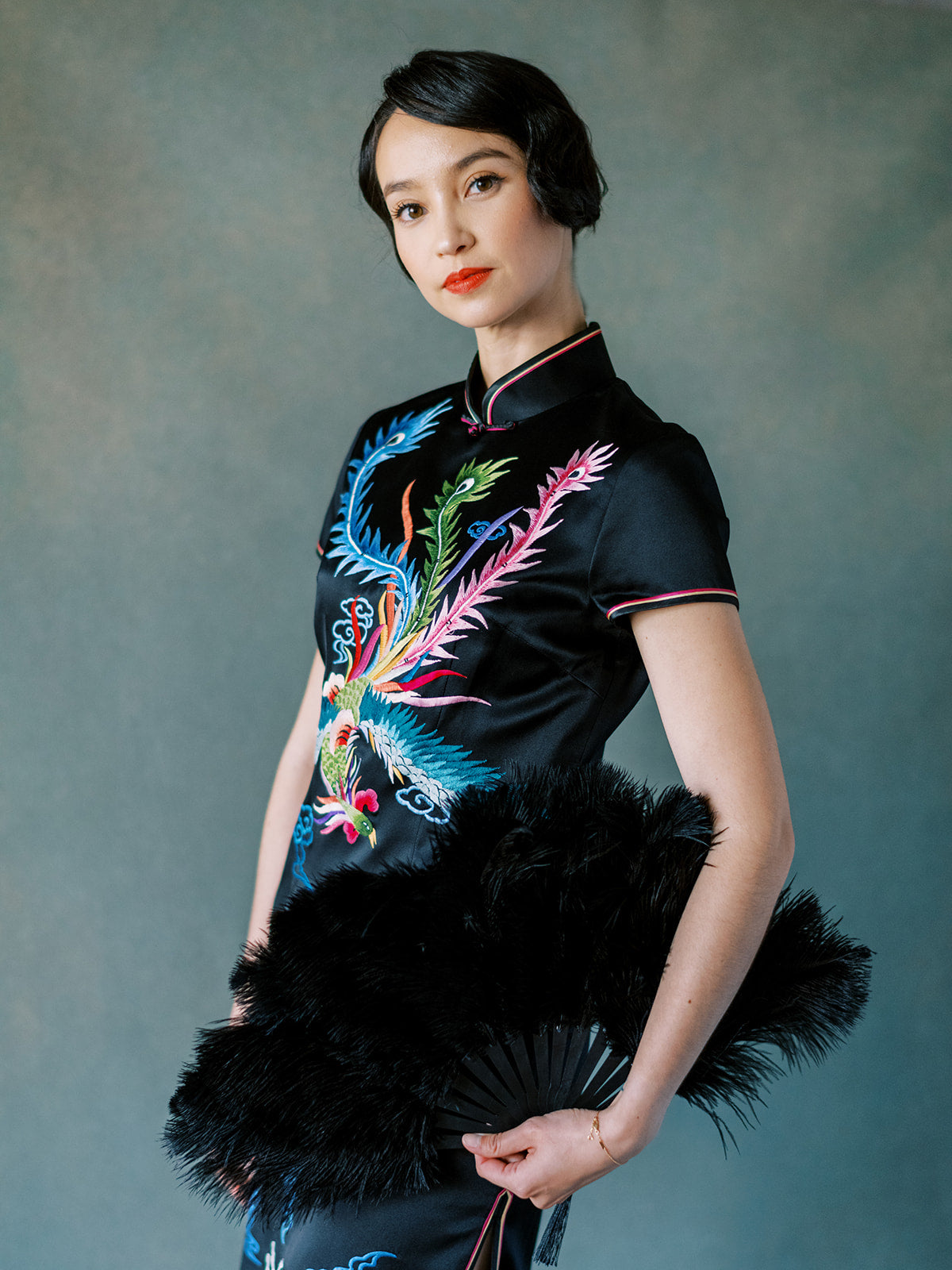 Madam Shanghai Fuchsia pink Lady Alyce | Black Silk Wedding Reception Qipao Dress