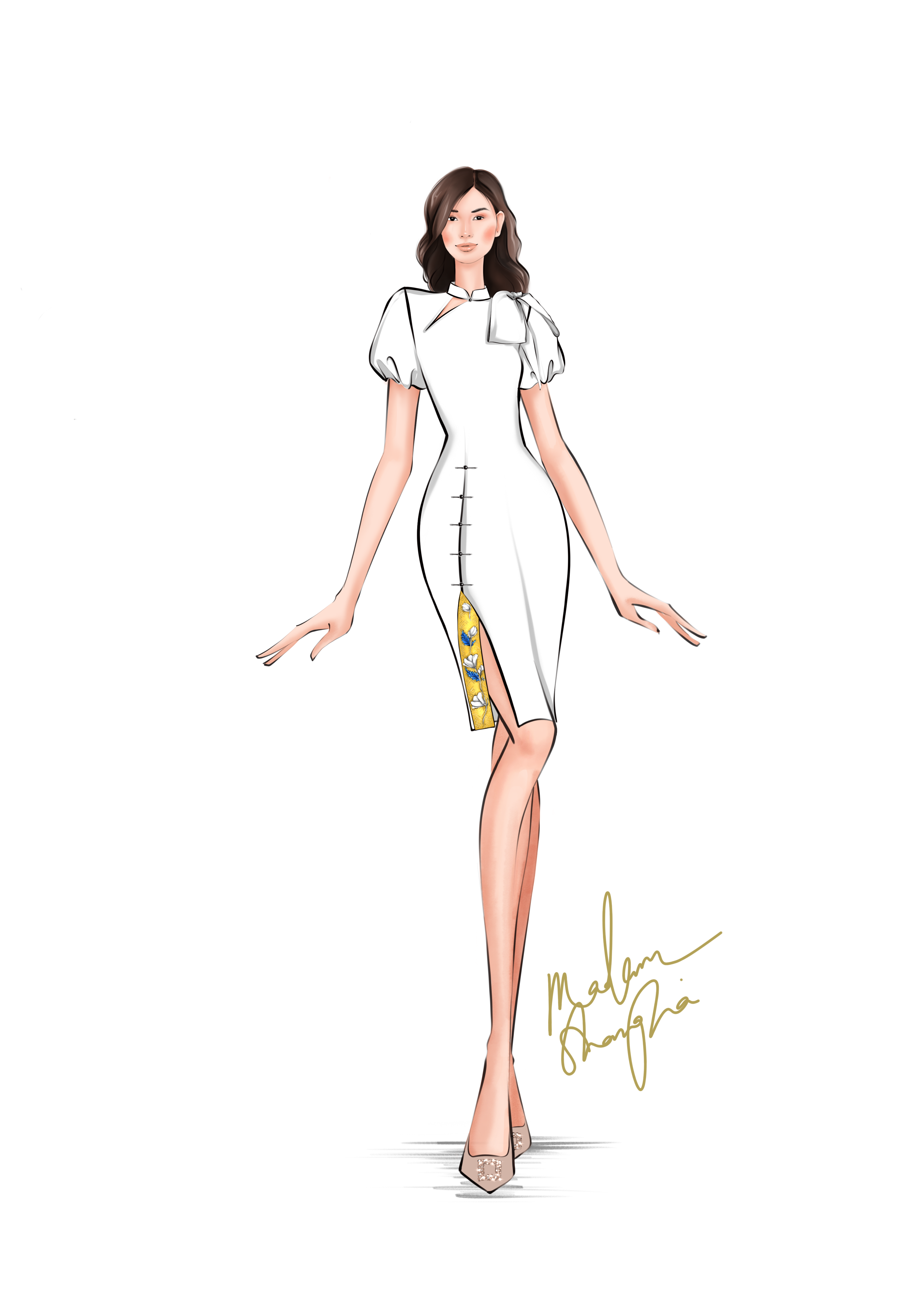 Madam Shanghai Modern Qipao Daybreak Puff Sleeves White Silk Modern Qipao | Modern Cheongsam Dress
