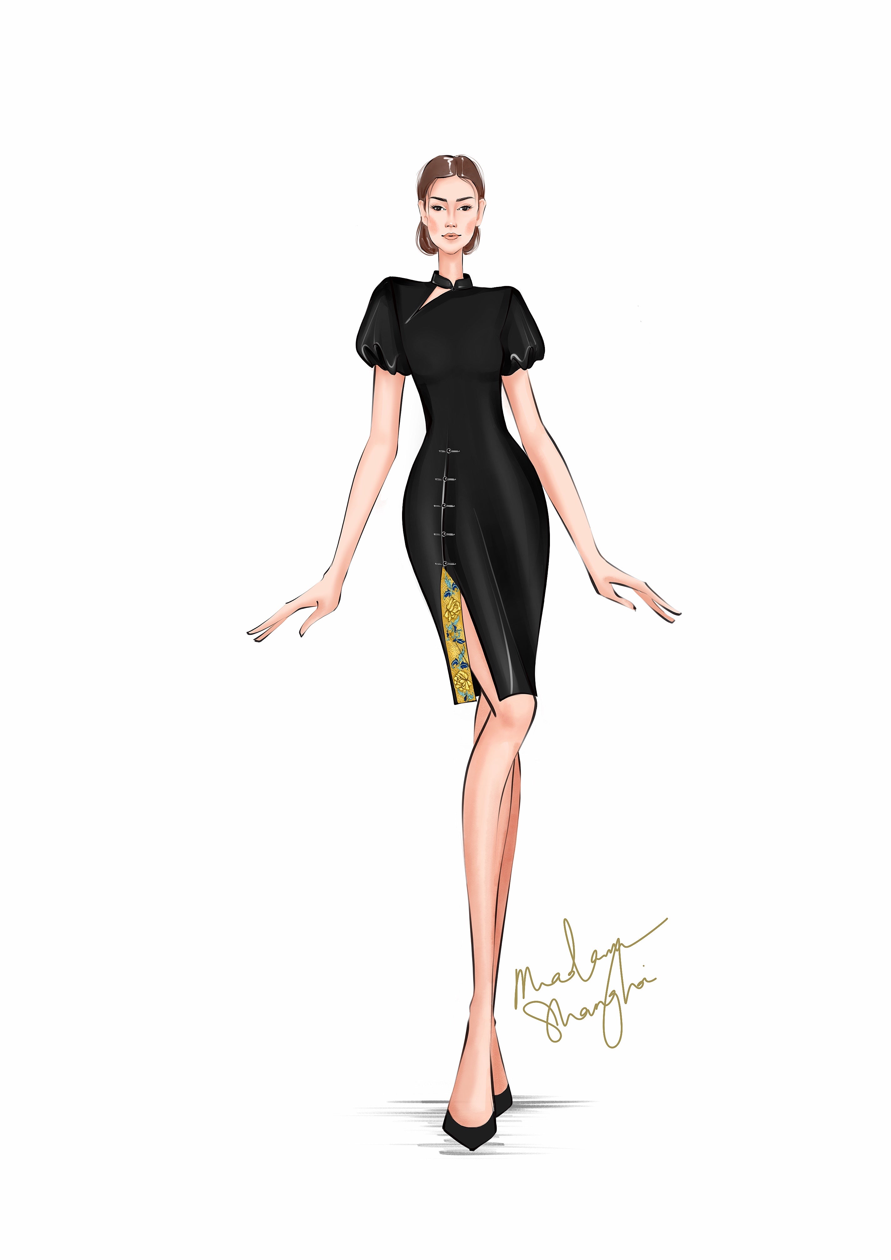 Madam Shanghai Modern Qipao Twilight Puff Sleeves Black Silk Modern Qipao | Modern Cheongsam Dress