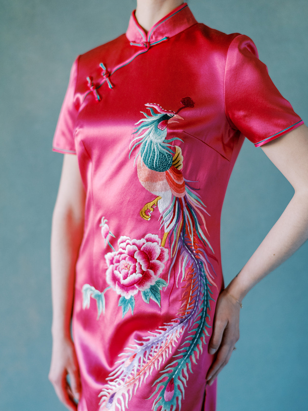 Madam Shanghai Phoenix Flying Through Peony | Pink Chinese Wedding Qipao Dress
