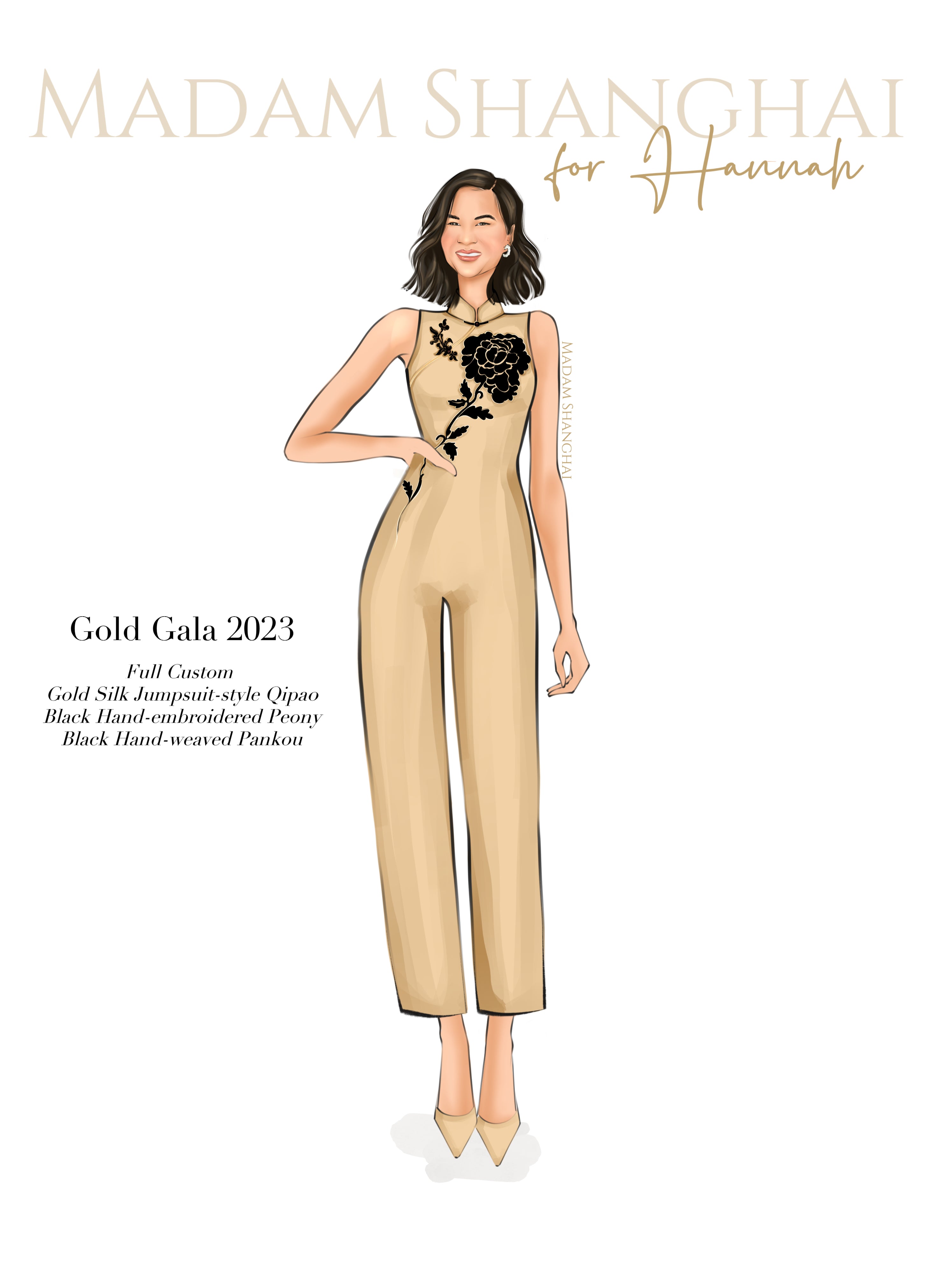 Madam Shanghai Custom Gold Silk Jumpsuit With Black Work Peony