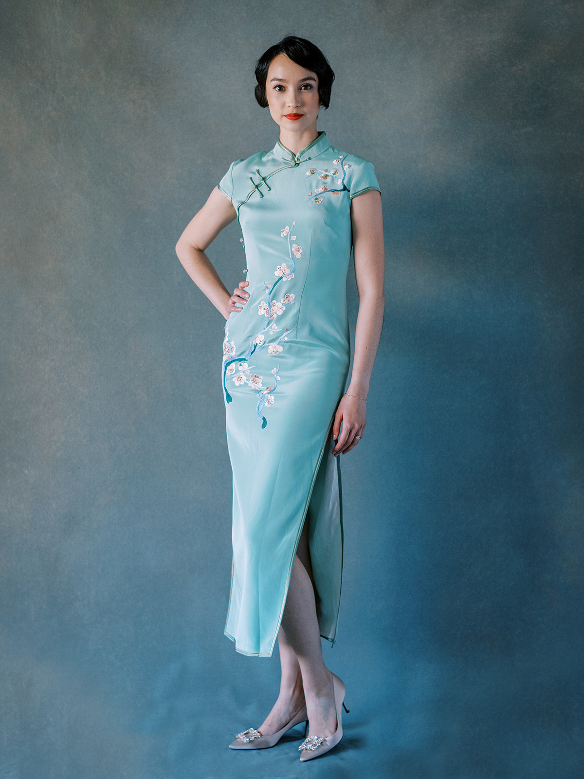 Madam Shanghai Grain Rain | Green Modern Chinese Wedding Qipao Dress
