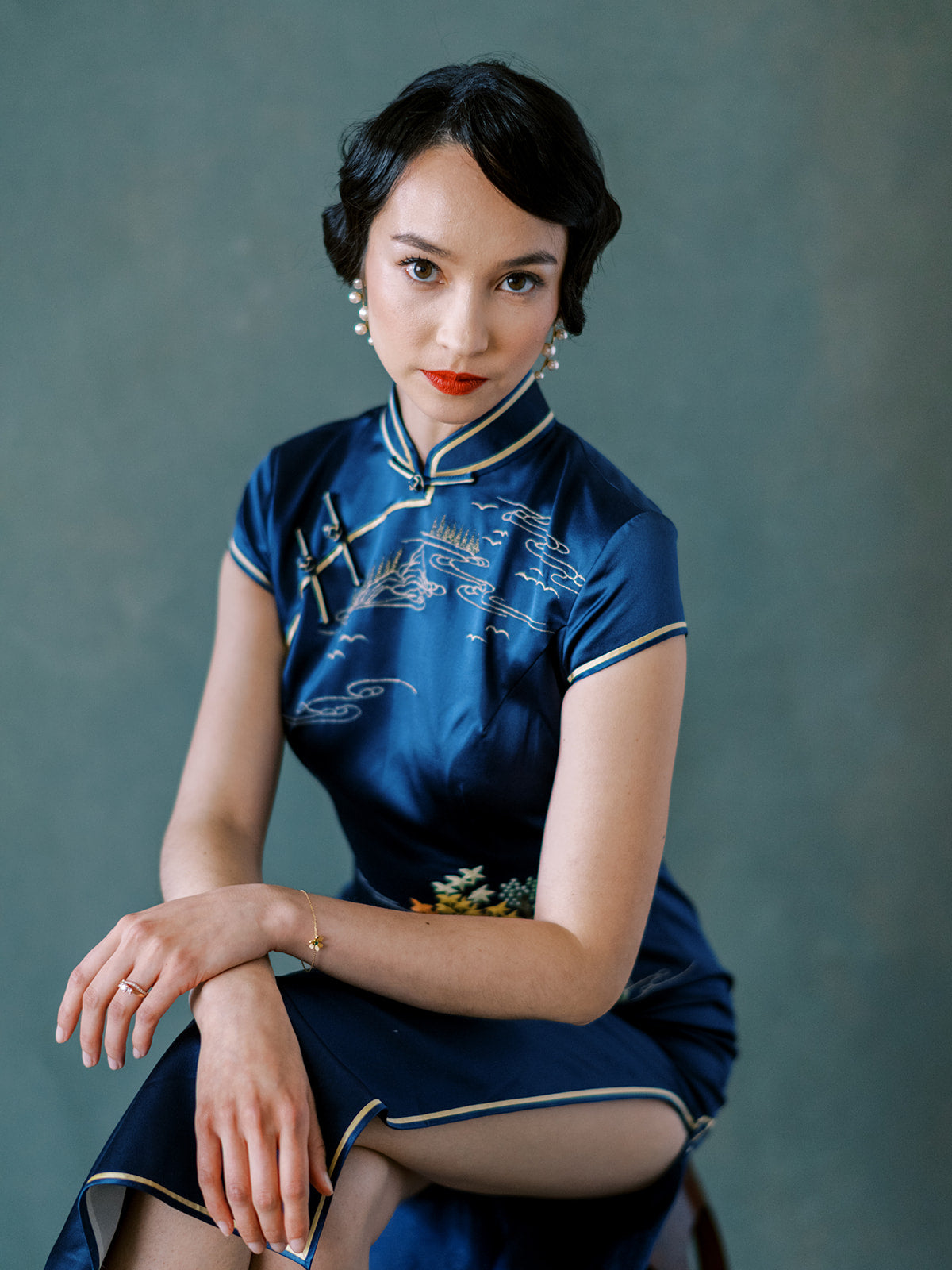 Madam Shanghai Poet On A Mountain Top Qipao Dress | Blue Chinese Wedding Choengsam Dress