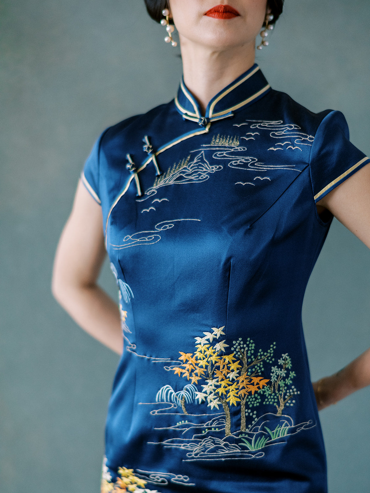 Madam Shanghai Poet On A Mountain Top Qipao Dress | Blue Chinese Wedding Choengsam Dress