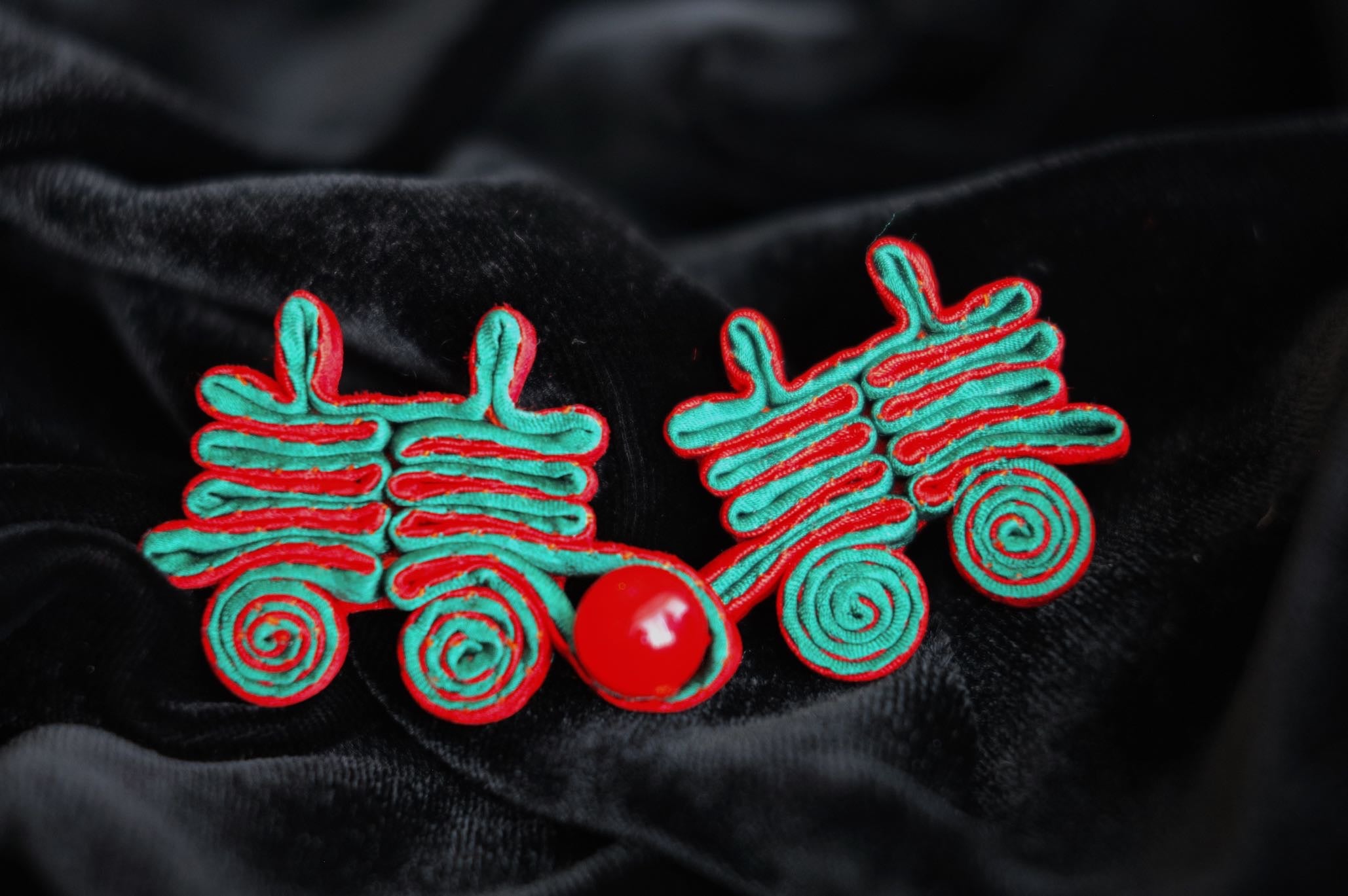 Madam Shanghai Red and Green Double Happiness Symbol Earrings | Wedding Accessories